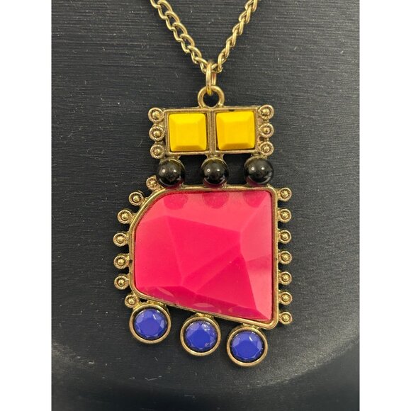 Jewelry - 1980s 1990s Funky Bright Colorful Geometric Pendant Necklace Pink Yellow Blue
